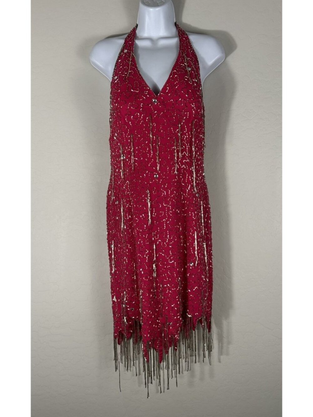 Vtg 90s Y2K I MAGNIN Pink 100% Silk Hand Beaded Halter Dress Evening Glamour S/4